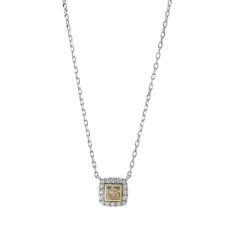 Collier 18 kt WG+GG. 12 Brillanten 0.11 ct. TW-si. 1 Princ. 0.25 ct. gelb-vsi. 12 Brillanten 0.11 ct. TW-si. H:7.9 mm. B:8.5 mm. L:45.7 cm. S:2.5 mm