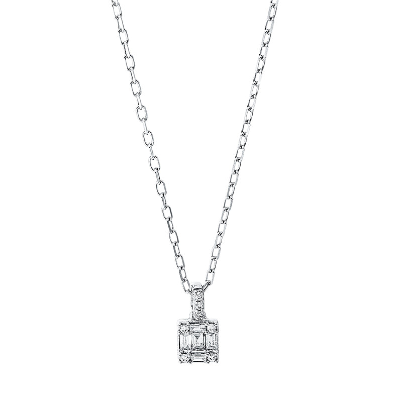 Collier 18 kt WG, mit ZÖ 40 cm + 43 cm, 5 Bag. 0,07 ct, TW-vsi, 7 Brill. 0,02 ct, TW-pi