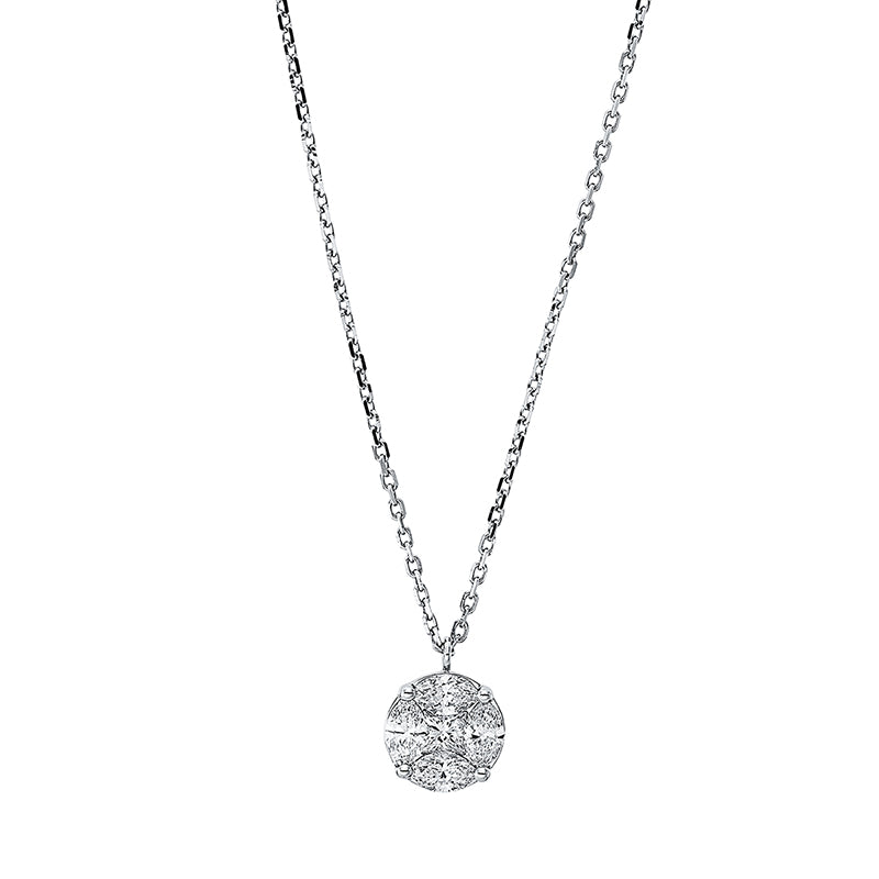 Collier 18 kt WG, mit ZÖ 40 cm + 43 cm, 1 Princ. 0,16 ct, TW-si, 4 Nav. 0,58 ct, TW-si