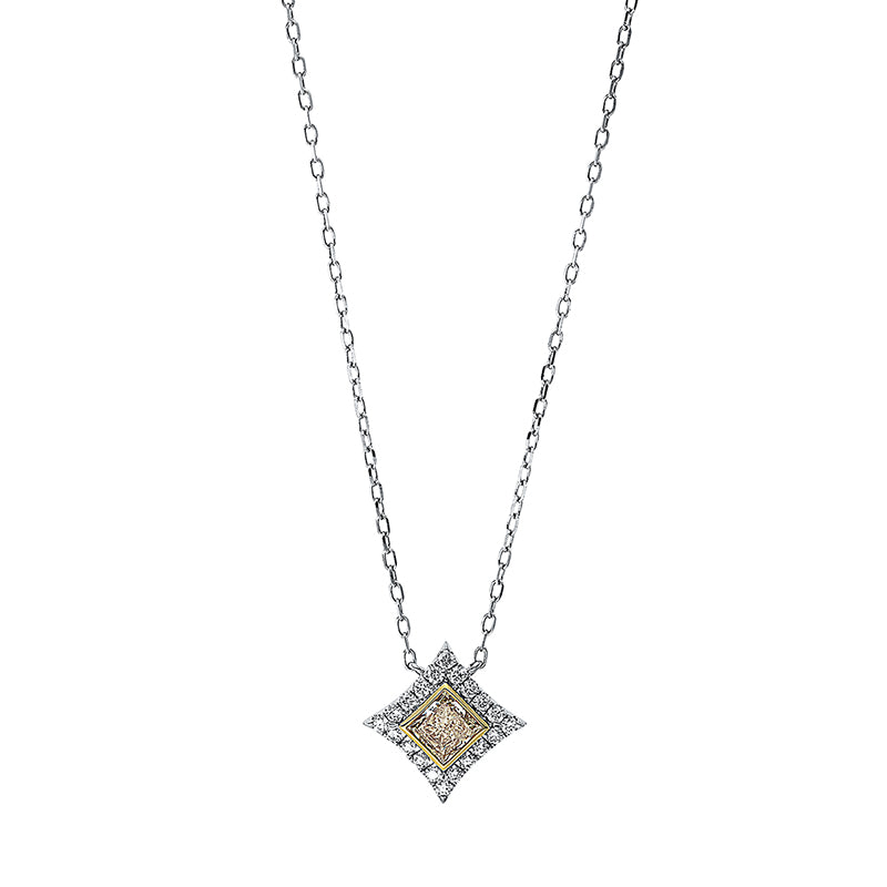 Collier 18 kt WG+GG. 1 Princ. 0.42 ct. gelb-vsi/si. 20 Brillanten 0.20 ct. TW-si. H:12.7 mm. B:12.7 mm. L:45.7 cm. S:3.1 mm