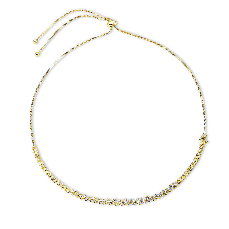 Collier 18 kt GG. 16 Baguette 0.18 ct. TW-si. 8 Baguette 0.16 ct. TW-si. 25 Trapeze 0.32 ct. TW-si. 58 Brillanten 0.42 ct. TW-si. B:4.3 mm. L:66.0 cm. S:2.3 mm