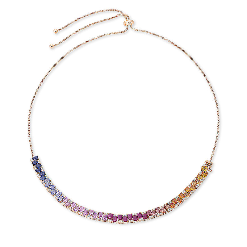 Collier 18 kt RG. 96 Brillanten 1.15 ct. TW-si. 8 Rubine 2.04 ct rot. 34 Saphire 8.78 ct fancy. 6 Saphire 1.57 ct blau. B:6.3 mm. L:60.0 cm. S:2.9 mm