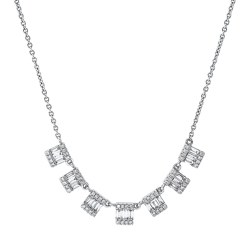 Collier 18 kt WG. 21 Trapeze 0.42 ct. TW-si. 56 Brillanten 0.16 ct. TW-si. H:41.7 mm. B:4.7 mm. L:45.7 cm. S:2.3 mm