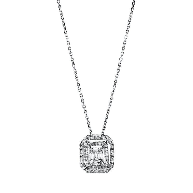 Collier 18 kt WG. 6 Baguette 0.08 ct. TW-si. 60 Brillanten 0.20 ct. TW-si. L:50.8 cm
