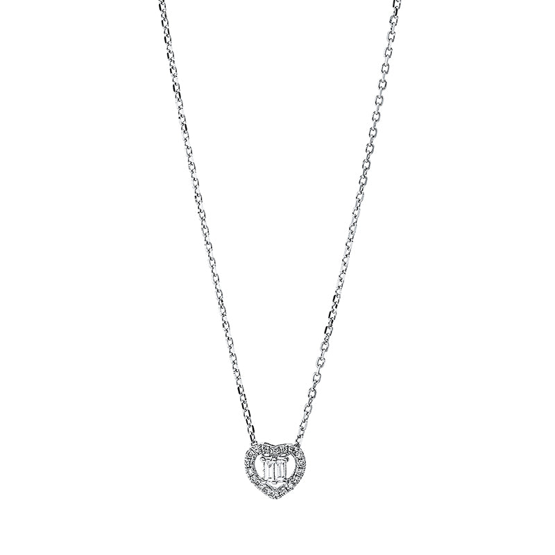 Collier 18 kt WG Herz. 2 Baguette 0.04 ct. TW-si. 18 Brillanten 0.05 ct. TW-si. L:50.8 cm
