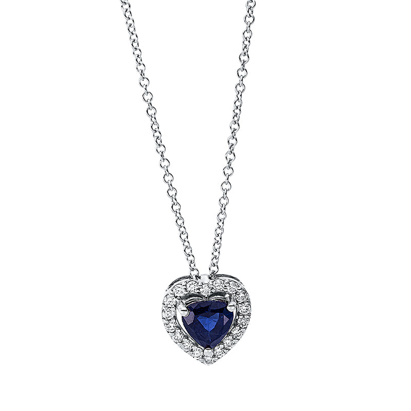 Collier 18 kt WG. 18 Brillanten 0.12 ct. TW-si. 1 Saphir 0.50 ct blau. H:8.9 mm. B:8.6 mm. L:45.0 cm. S:4.2 mm