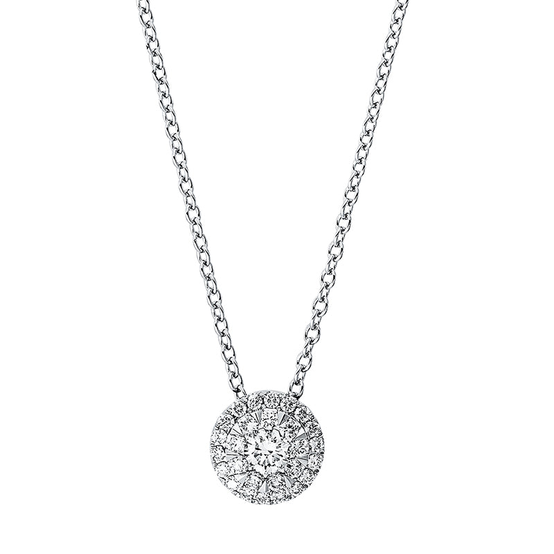Collier 18 kt WG. 9 Brillanten 0.11 ct. TW-si. 1 Brill. 0.14 ct. TW-si. 18 Brillanten 0.10 ct. TW-si. L:45.0 cm. S:4.1 mm. Ø:7.9 mm