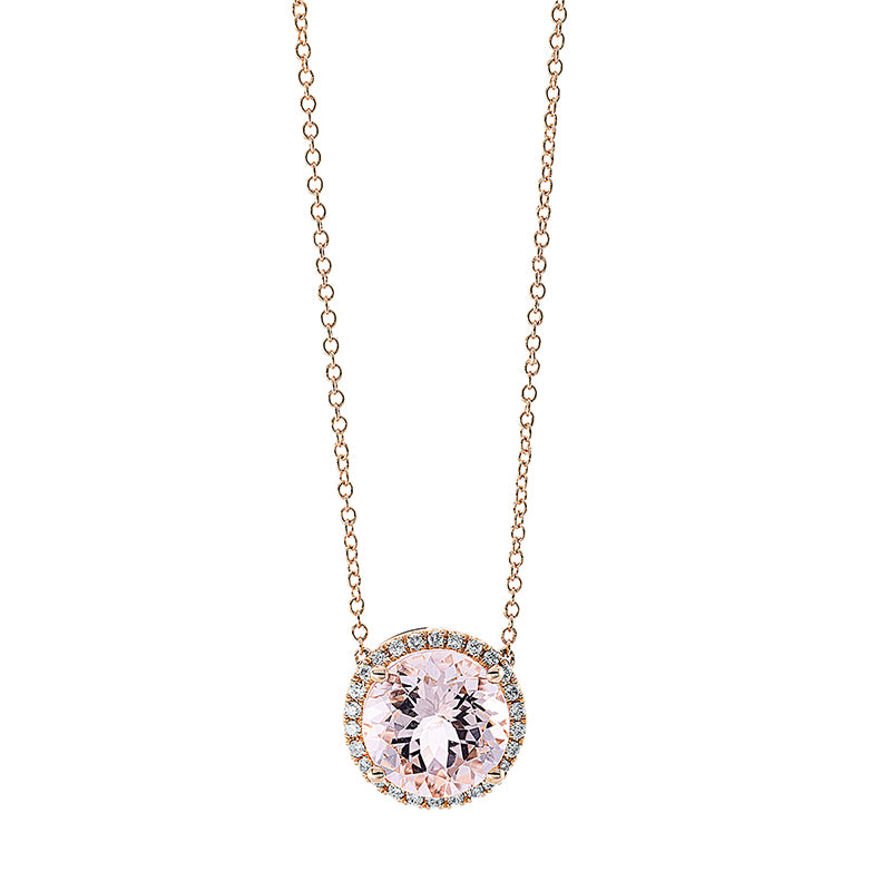 Collier 4er-Krappe 18 kt RG. 26 Brillanten 0.14 ct. TW-si. 1 Morganit 2.90 ct pink. L:40.6 cm. S:6.1 mm. Ø:11.3 mm