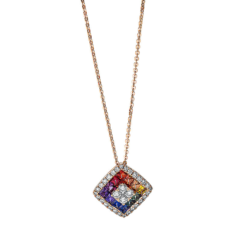 Collier 18 kt RG. 33 Brillanten 0.42 ct. TW-si. 12 Saphire 0.85 ct fancy. H:14.6 mm. B:14.6 mm. L:42.0 cm. S:5.4 mm