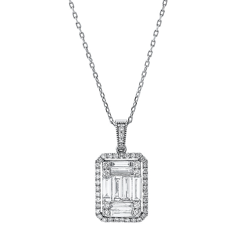 Collier 14 kt WG, mit Öse, 8 Brill. 0,12 ct, F-vsi, 8 Bag. 0,85 ct, F-vsi, 40 Brill. 0,27 ct, F-vsi