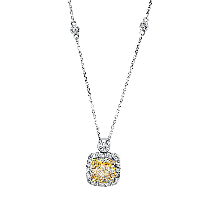 Collier 4er-Krappe 18 kt WG+GG. mit ZÖ 40 cm + 43 cm. 23 Brillanten 0.42 ct. TW-si. 1 Cushion 0.73 ct. gelb. 16 Brillanten 0.12 ct. gelb. L:45.7 cm