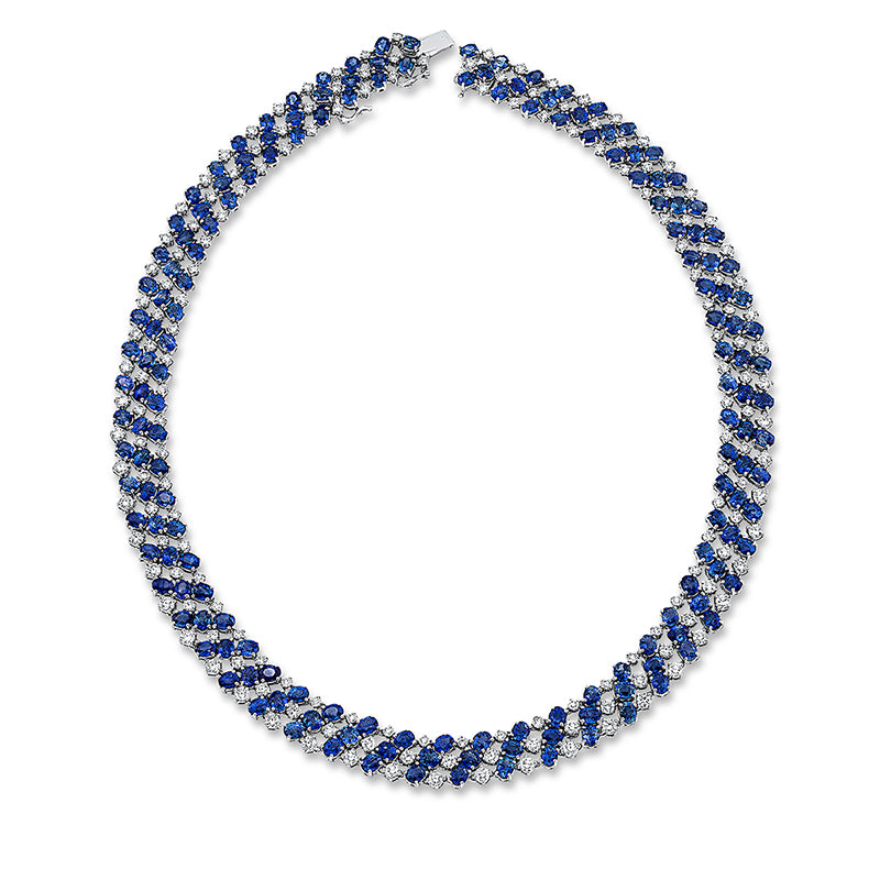 Collier 18 kt WG, 168 Brill. 11,07 ct, TW-vsi/si, 168 Saphire 1,86 ct blau