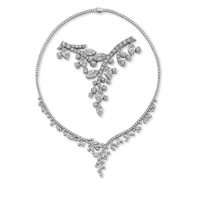 Collier 18 kt WG, 32 Nav. 1,86 ct, TW-si, 32 Tropfen 1,03 ct, TW-si, 156 Brill. 6,09 ct, TW-si