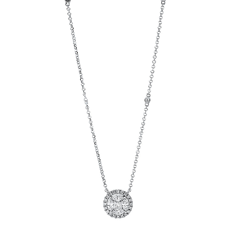 Collier 18 kt WG, mit ZÖ 38.1 cm + 40.6 cm, 1 Princ. 0,05 ct, TW-si, 4 Nav. 0,22 ct, TW-si, 26 Brill. 0,12 ct, TW-si