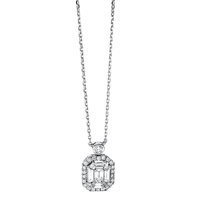 Collier 18 kt WG, 8 Bag. 0,40 ct, TW-vsi, 1 Sm.schliff 0,22 ct, TW-vsi, 23 Brill. 0,26 ct, TW-si