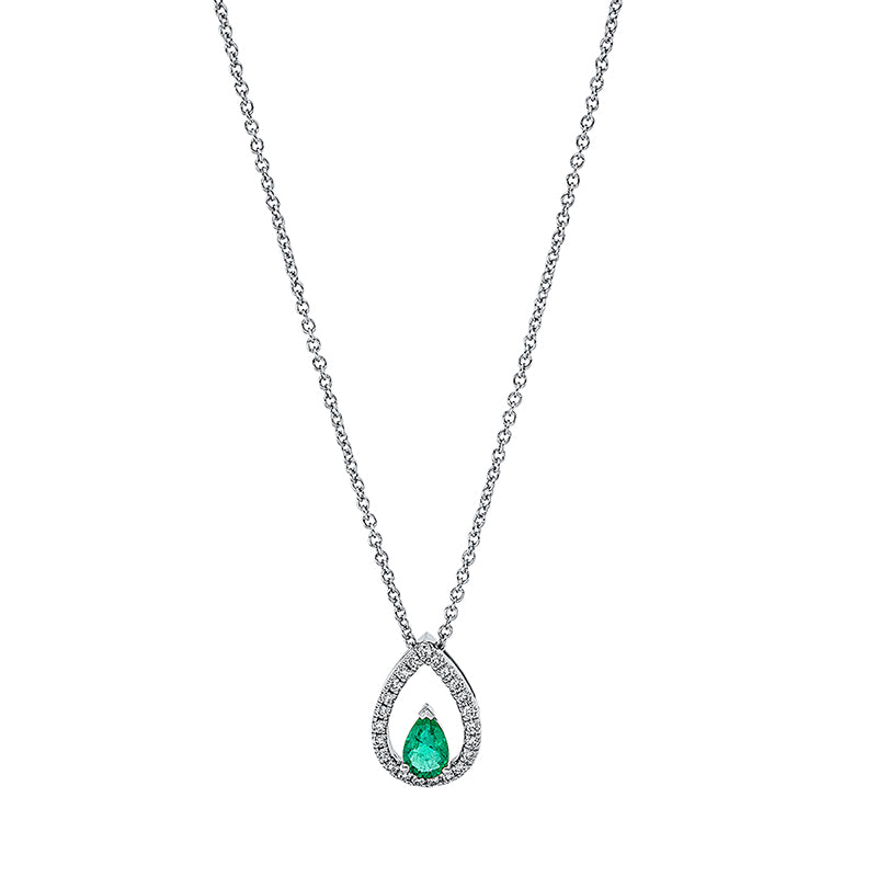 Collier 18 kt WG Tropfen. mit ZÖ 40 cm. 23 Brillanten 0.16 ct. TW-si. 1 Smaragd 0.35 ct grün. L:45.0 cm