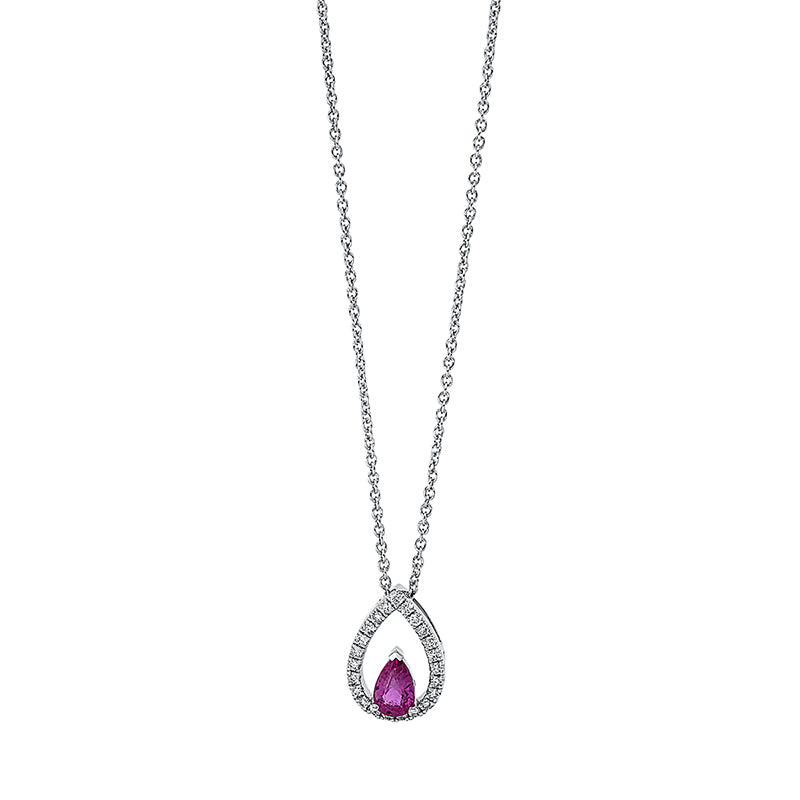 Collier 18 kt WG Tropfen. mit ZÖ 40 cm. 23 Brillanten 0.19 ct. TW-si. 1 Rubin 0.63 ct rot. L:45.0 cm