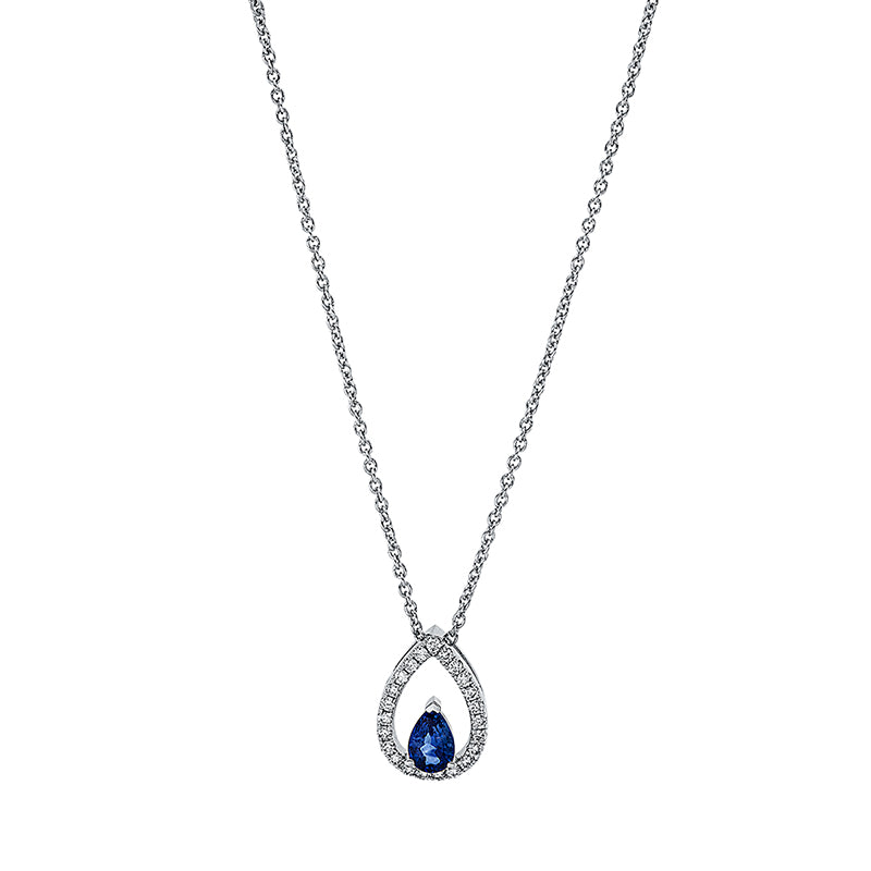 Collier 18 kt WG Tropfen. mit ZÖ 40 cm. 23 Brillanten 0.19 ct. TW-si. 1 Saphir 0.50 ct blau. L:45.0 cm