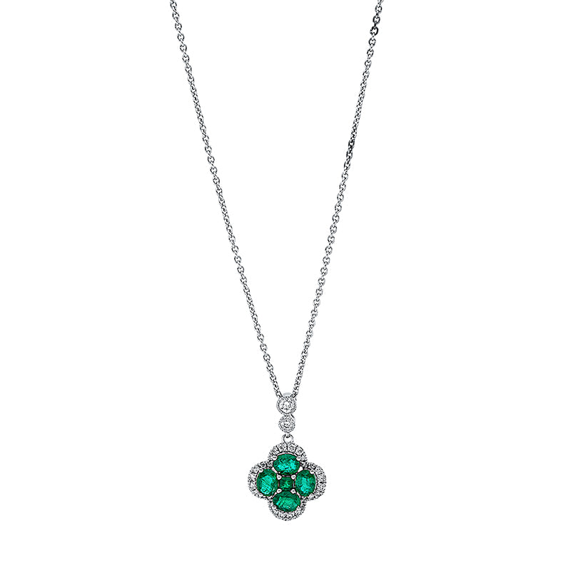 Collier 18 kt WG, mit ZÖ 40 cm, 1 Brill. 0,04 ct, TW-si, 29 Brill. 0,14 ct, TW-si, 5 Smaragde 0,64 ct grün