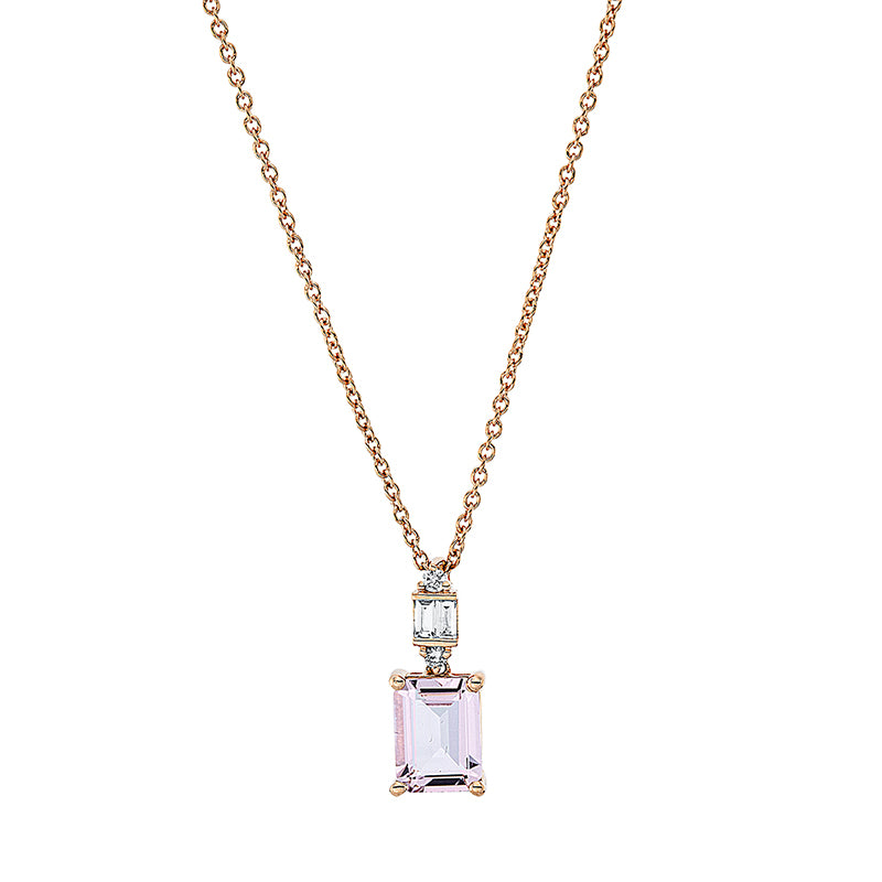 Collier 18 kt RG, mit ZÖ 40 cm, 2 Bag. 0,08 ct, TW-si, 2 Brill. 0,04 ct, TW-si, 1 Morganit 1,29 ct pink