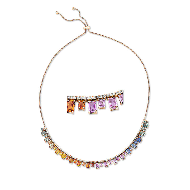 Collier 18 kt RG, 104 Brill. 1,04 ct, TW-si, 35 Saphire 14,93 ct fancy