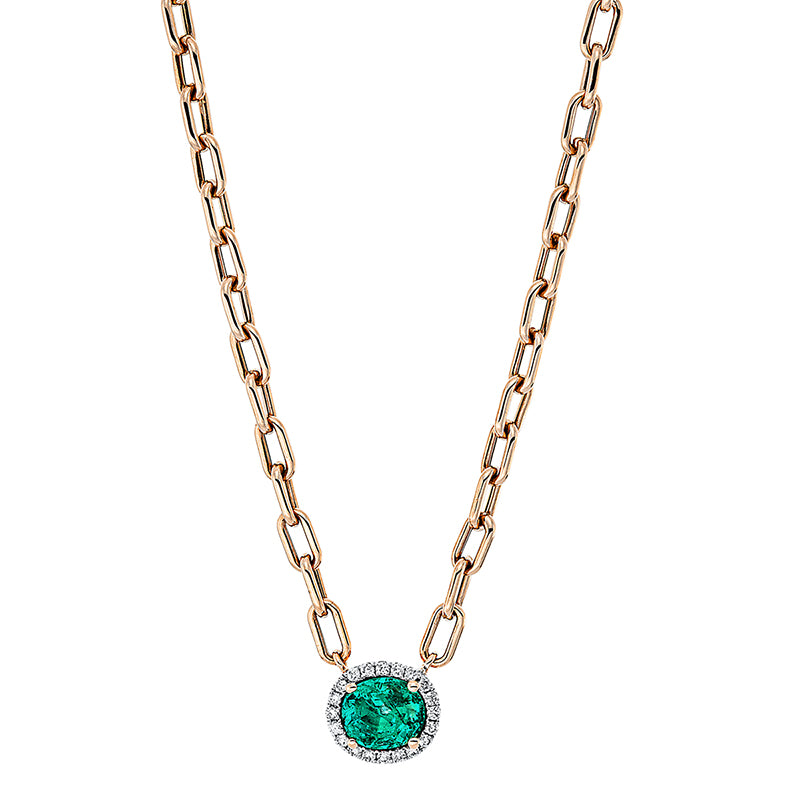 Collier 18 kt RG+WG. 20 Brillanten 0.13 ct. TW-si. 1 Smaragd 0.98 ct grün. L:40.6 cm