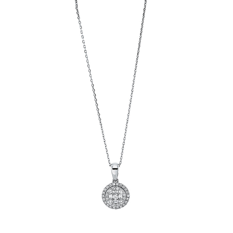 Collier 18 kt WG, mit Öse, 5 Brill. 0,15 ct, TW-si, 4 Bag. 0,08 ct, TW-si, 30 Brill. 0,19 ct, TW-si