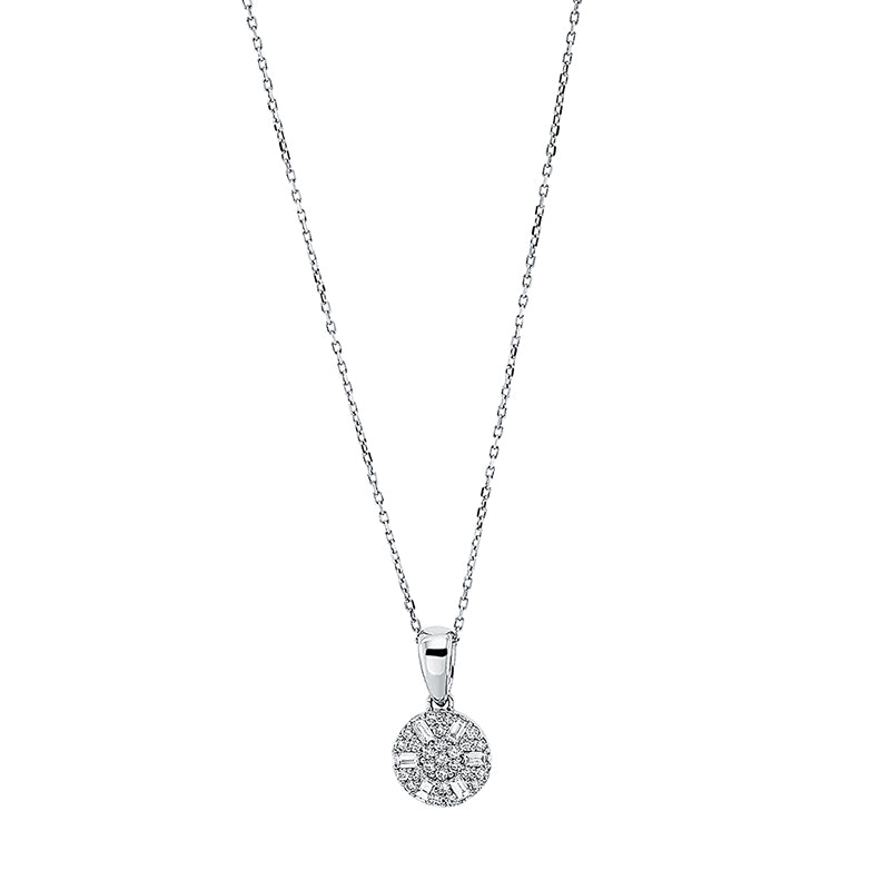 Collier 18 kt WG, mit Öse, 6 Bag. 0,12 ct, TW-si, 25 Brill. 0,16 ct, TW-si