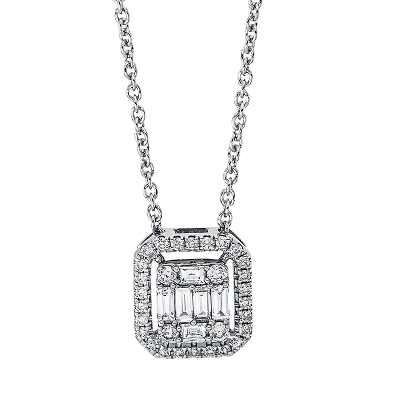 Collier 18 kt WG, mit ZÖ 40 cm, 6 Bag. 0,21 ct, TW-si, 30 Brill. 0,17 ct, TW-si