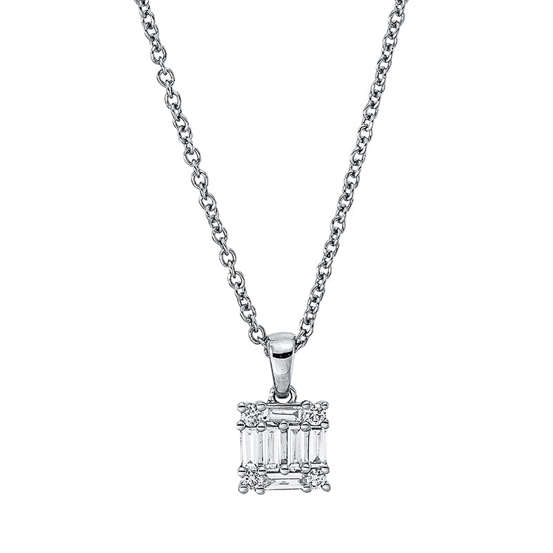 Collier 18 kt WG. mit ZÖ 40 cm. 6 Baguette 0.19 ct. TW-si. 4 Brillanten 0.06 ct. TW-si. H:11.2 mm. B:6.5 mm. L:45.0 cm. S:2.6 mm