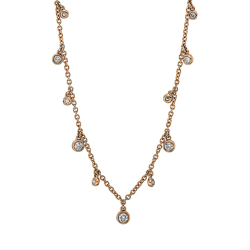 Collier 18 kt RG. mit ZÖ 40 cm. 2 Brillanten 0.07 ct. TW-si. 1 Brill. 0.05 ct. TW-si. 8 Brillanten 0.11 ct. TW-si. H:6.3 mm. B:3.2 mm. L:45.0 cm. S:1.7 mm