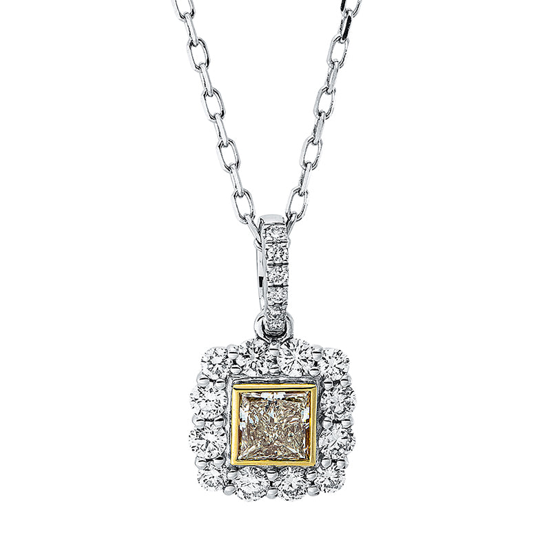 Collier 18 kt WG+GG. 4 Brillanten 0.07 ct. TW-si. 8 Brillanten 0.23 ct. TW-vsi. 1 Princ. 0.24 ct. gelb-vsi. 6 Brillanten 0.02 ct. TW-si. L:45.7 cm