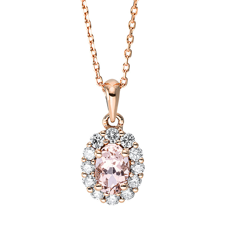 Collier 18 kt RG, mit ZÖ 40 cm + 42 cm, 6 Brill. 0,14 ct, TW-si, 6 Brill. 0,11 ct, TW-si, 1 Morganit 0,40 ct rosa