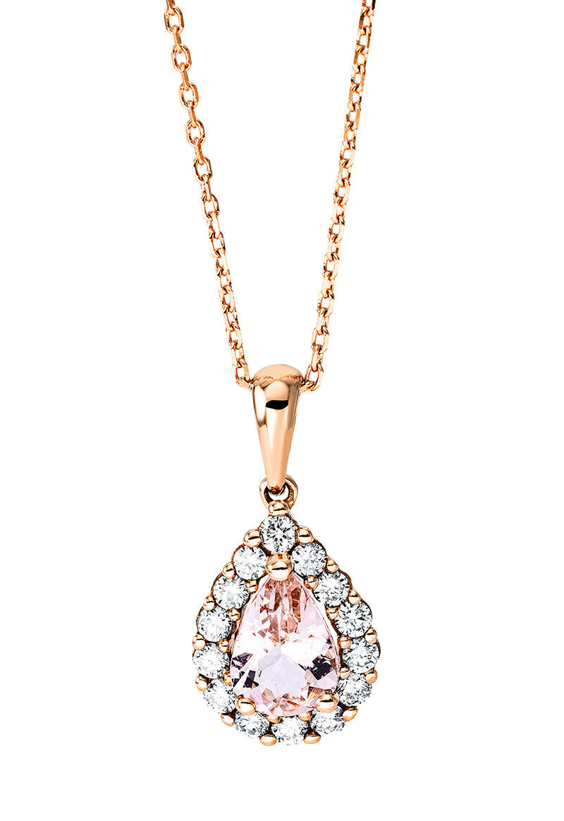 Collier 18 kt RG, mit ZÖ 40 cm + 4 cm, 14 Brill. 0,25 ct, TW-si, 1 Morganit 0,60 ct rosa