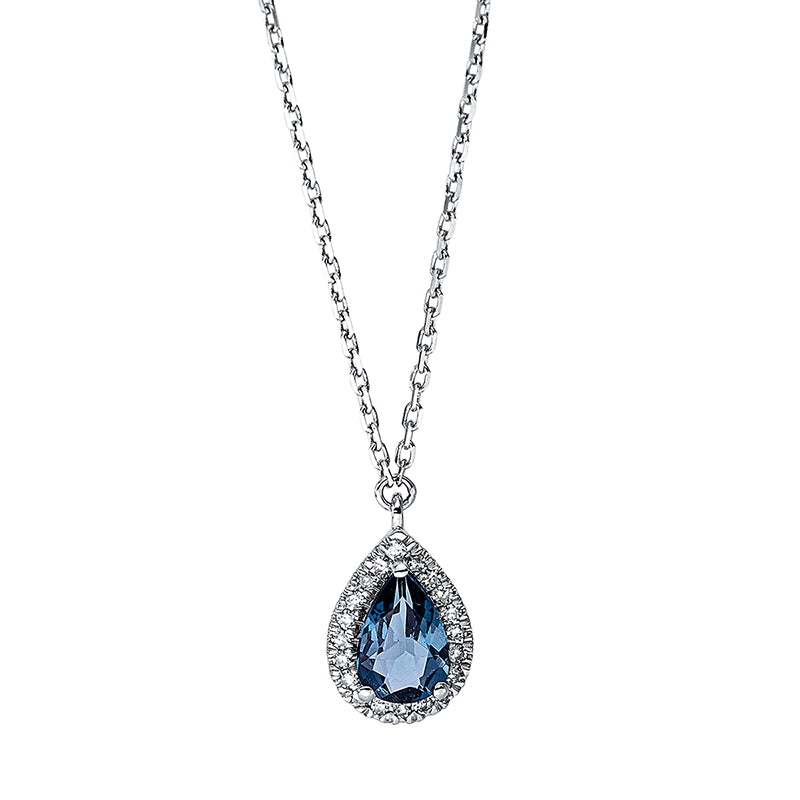 Collier 18 kt WG, mit ZÖ 40 cm + 42 cm, 20 Dia. 0,05 ct, TW-si, 1 Topas 0,44 ct Lond. blue