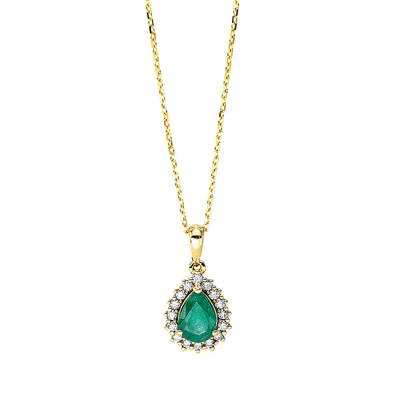 Collier 18 kt GG, mit ZÖ 40 cm + 42 cm, 16 Brill. 0,16 ct, TW-si, 1 Smaragd 0,55 ct grün