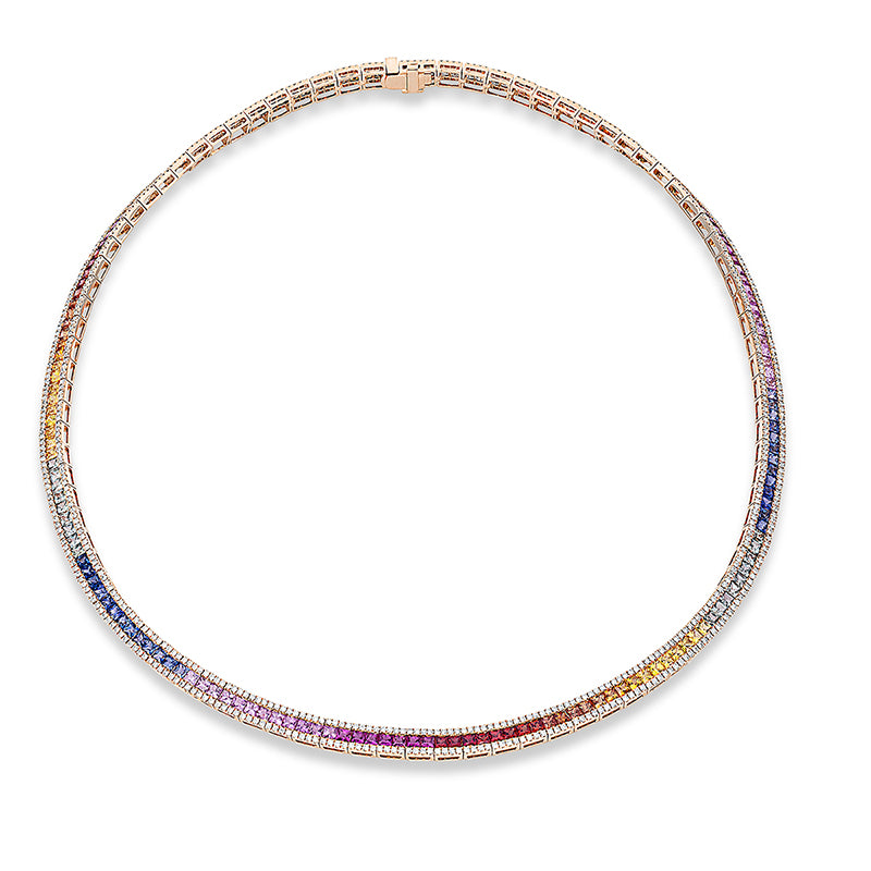 Collier 18 kt RG, 728 Brill. 3,49 ct, TW-si, 182 Saphire 15,98 ct fancy