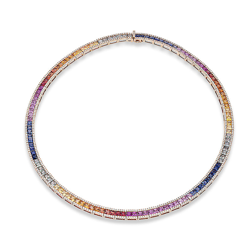 Collier 18 kt RG, 628 Brill. 3,74 ct, TW-si, 125 Saphire 23,80 ct fancy