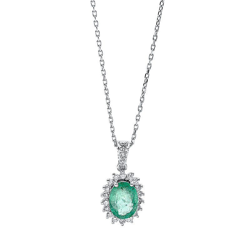 Collier 18 kt WG, mit Öse, 21 Brill. 0,16 ct, TW-si, 1 Smaragd 0,73 ct grün