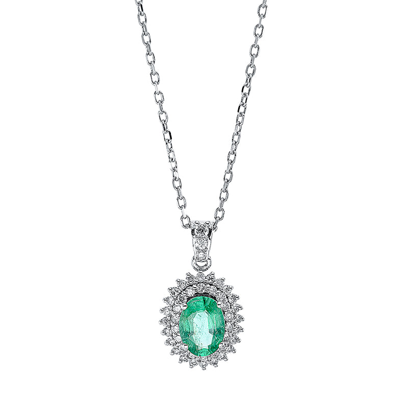 Collier 18 kt WG, mit Öse, 45 Brill. 0,27 ct, F-si, 1 Smaragd 0,58 ct grün