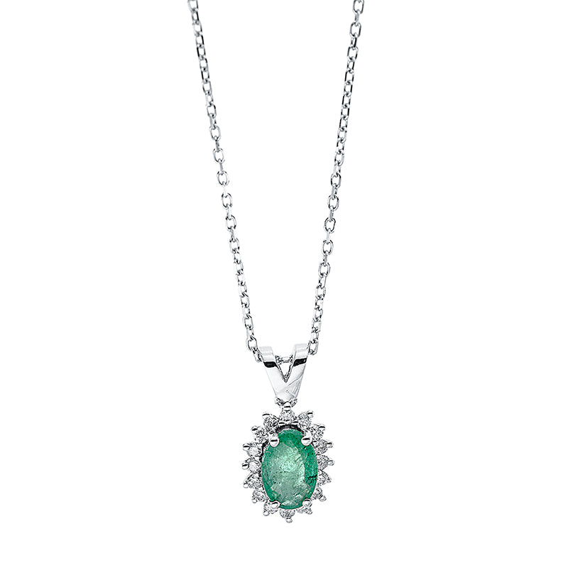 Collier 18 kt WG, mit Öse, 16 Brill. 0,10 ct, F-si, 1 Smaragd 0,40 ct grün