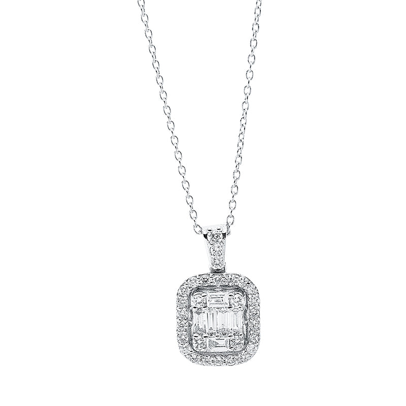Collier 18 kt WG, mit Öse, 6 Bag. 0,16 ct, F-si, 29 Brill. 0,23 ct, F-si