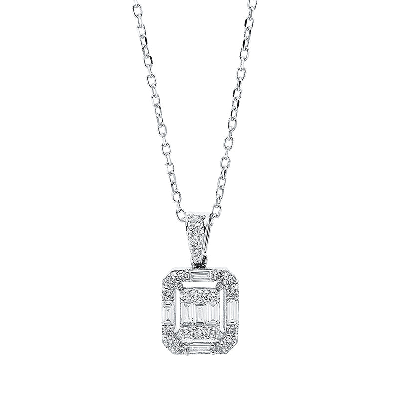 Collier 18 kt WG, mit Öse, 7 Bag. 0,20 ct, TW-si, 21 Brill. 0,22 ct, TW-si