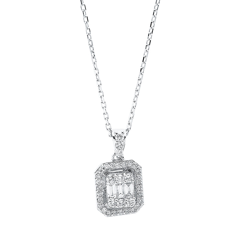 Collier 18 kt WG, mit Öse, 3 Bag. 0,08 ct, TW-si, 35 Brill. 0,20 ct, TW-si