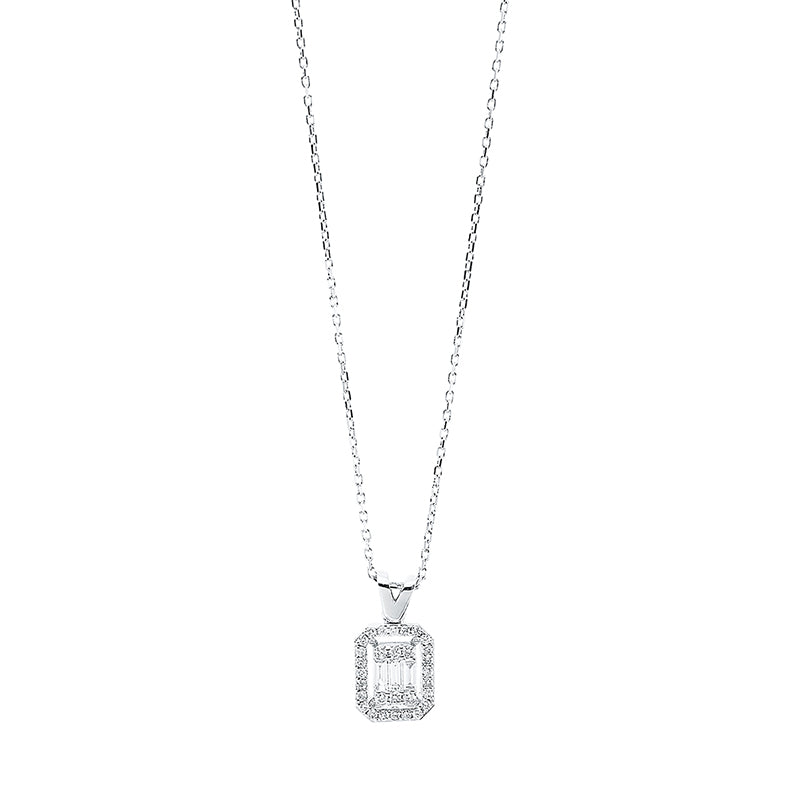 Collier 18 kt WG, mit Öse, 3 Bag. 0,08 ct, TW-si, 30 Brill. 0,12 ct, TW-si