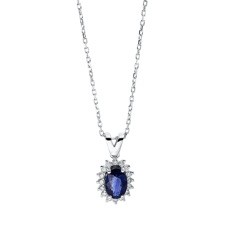 Collier 18 kt WG, mit Öse, 16 Brill. 0,10 ct, F-si, 1 Saphir 0,54 ct blau
