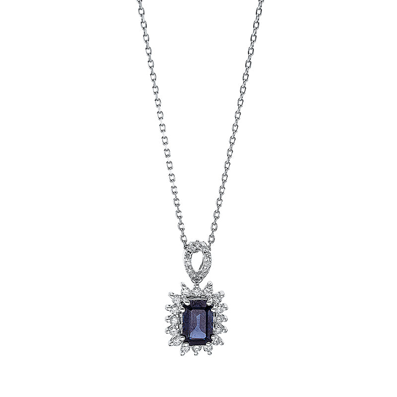 Collier 18 kt WG, mit Öse, 16 Brill. 0,14 ct, F-si, 11 Brill. 0,04 ct, F-si, 1 Saphir 0,73 ct blau