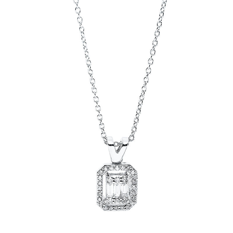 Collier 18 kt WG, mit Öse, 3 Bag. 0,06 ct, TW-si, 30 Brill. 0,10 ct, TW-si