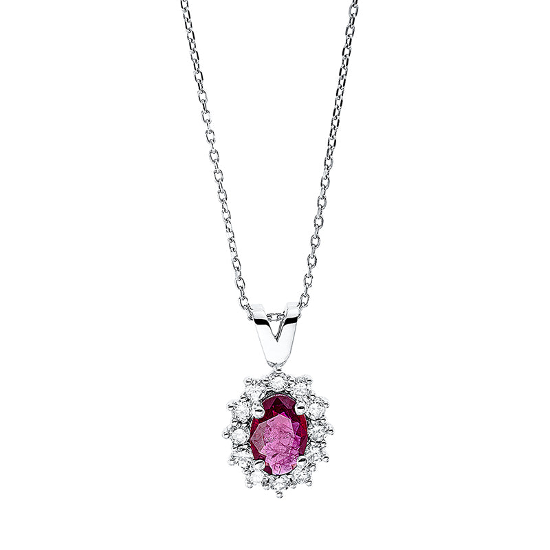 Collier 18 kt WG, mit Öse, 12 Brill. 0,30 ct, F-si, 1 Rubin 0,68 ct rot