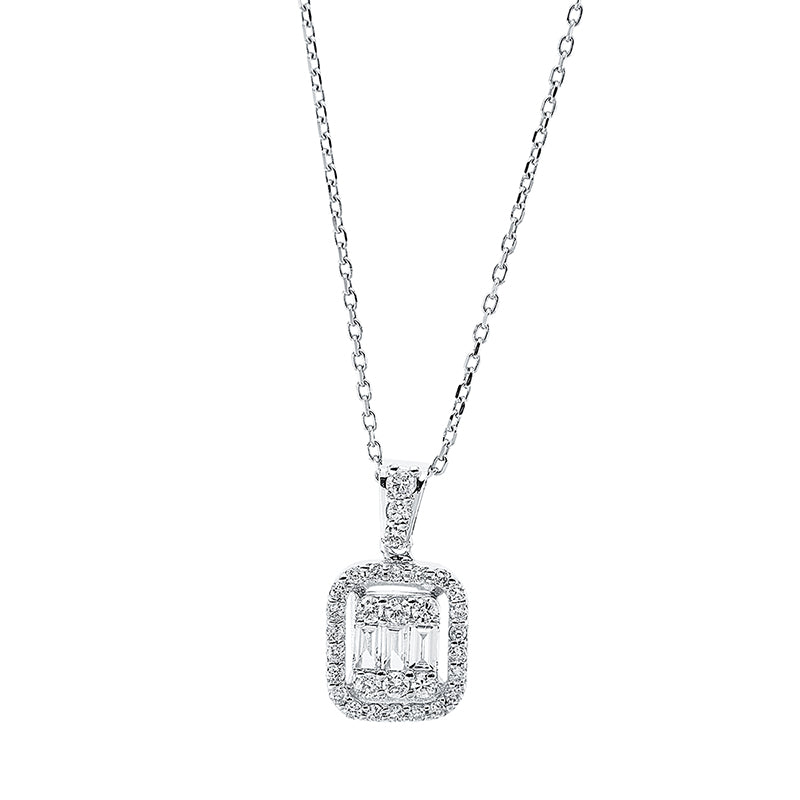 Collier 18 kt WG, 3 Bag. 0,08 ct, F-si, 31 Brill. 0,19 ct, F-si